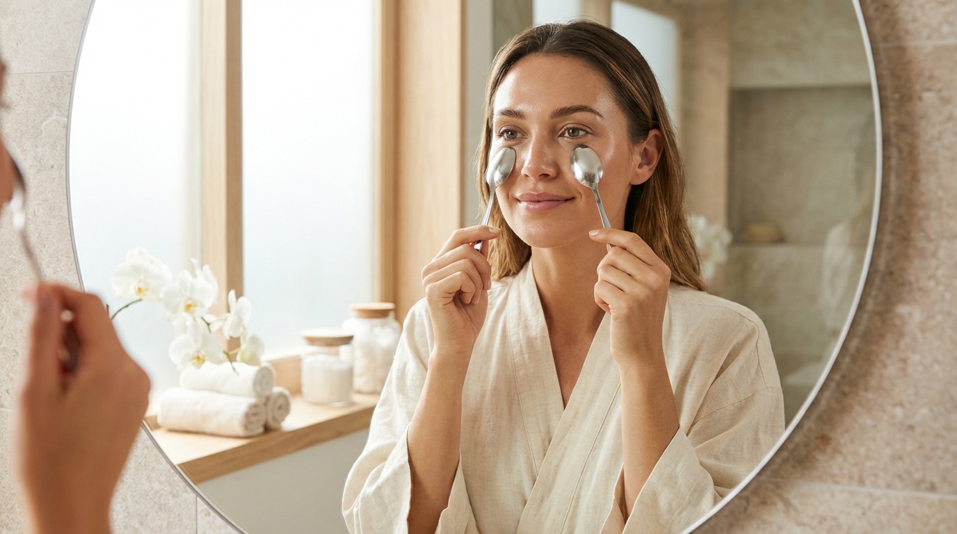 Woman using chilled spoons under her eyes to reduce puffiness