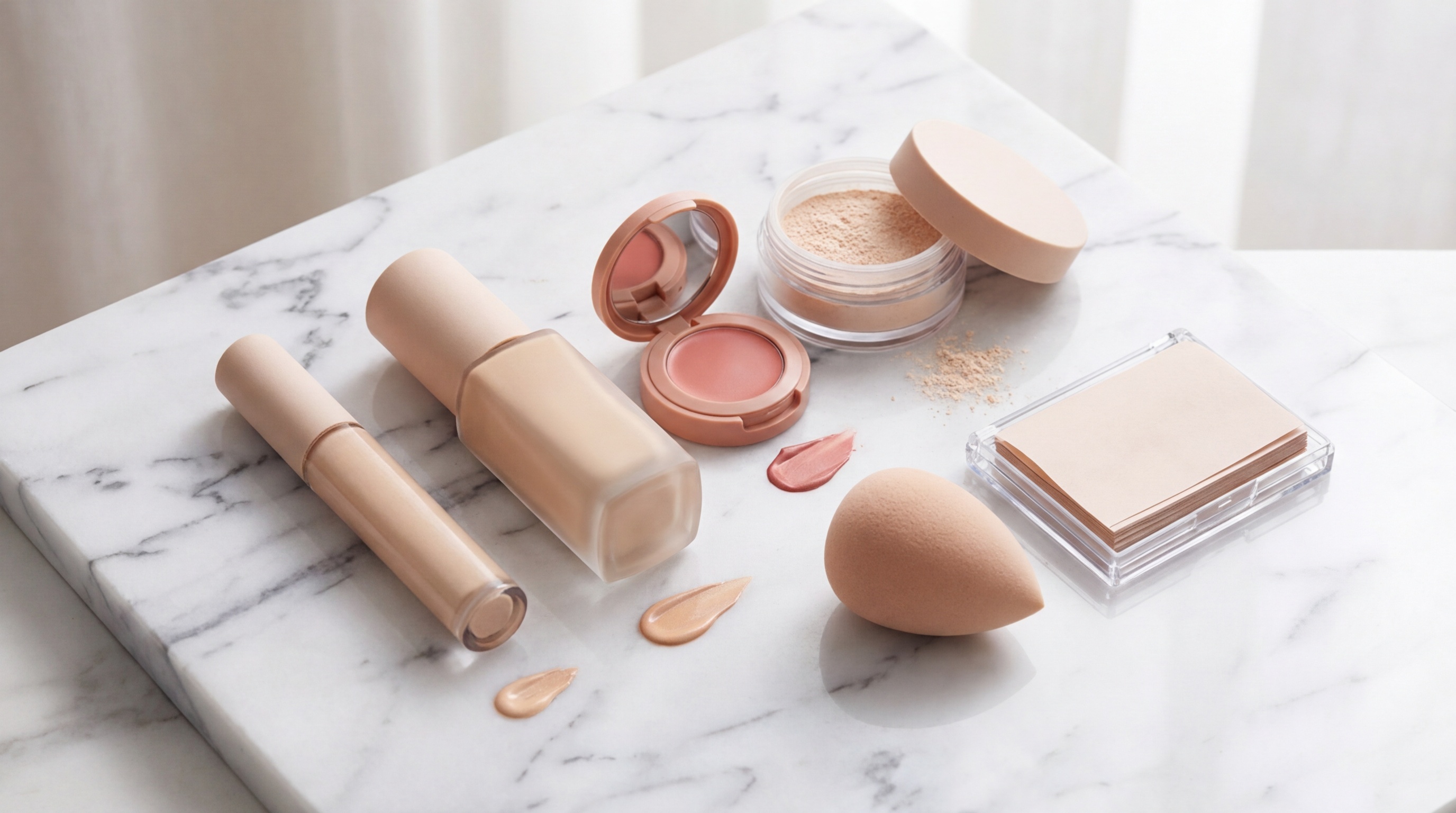 Flatlay of makeup products and tools for thin-layer, long-lasting application