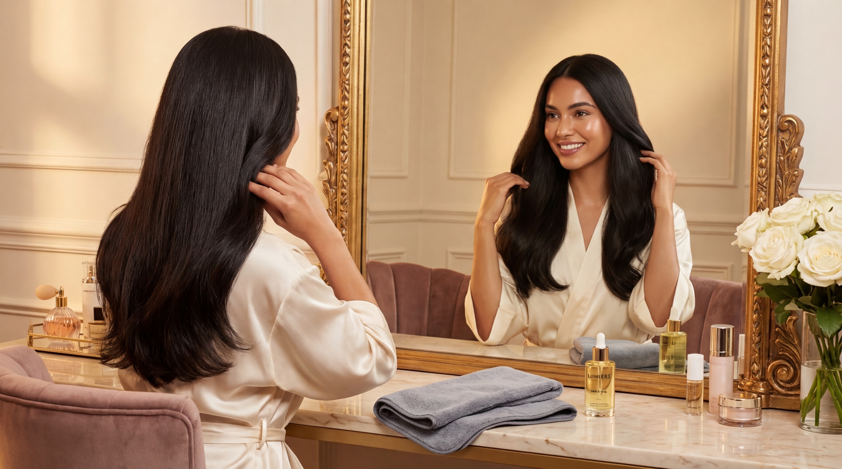 Woman admiring smooth frizz-free hair with lifted roots in a vanity mirror