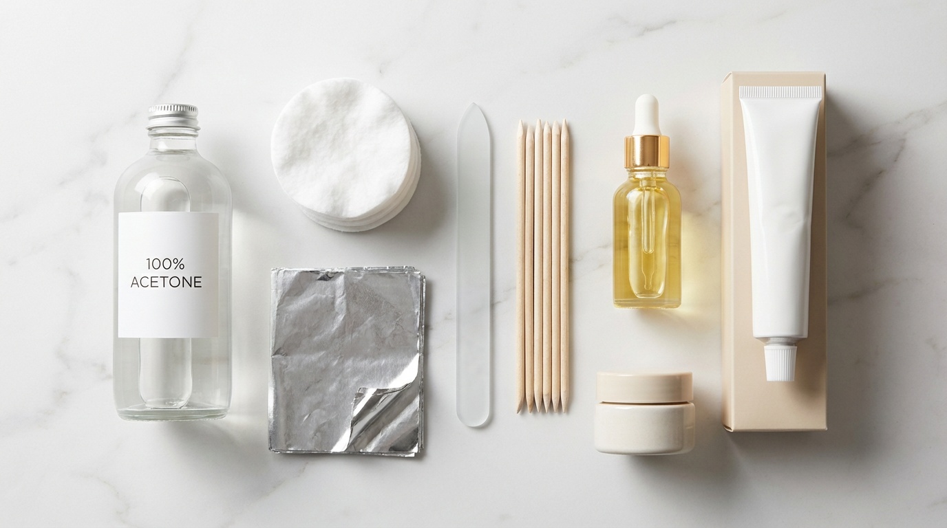 Flatlay of gel nail removal tools including acetone, cotton pads, foil, nail file, cuticle oil, and hand cream.