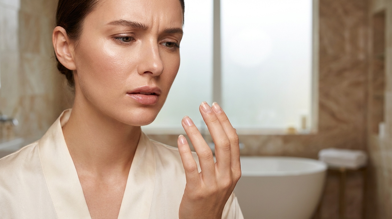 Close-up of a woman looking at her nails, showing the difference between healthy nails and peeling damage.