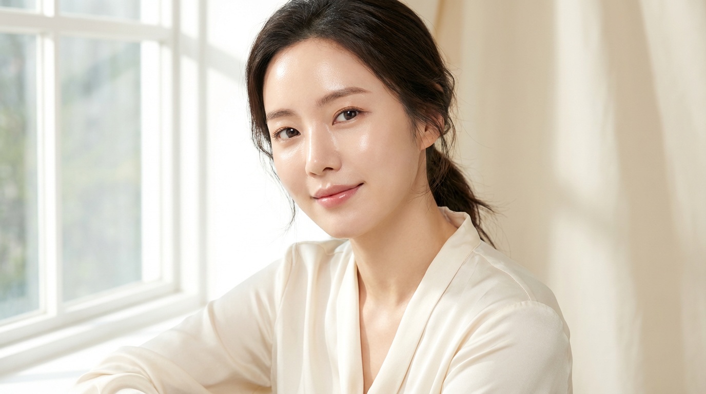 Close-up of a beautiful woman with glowing smooth skin in soft light