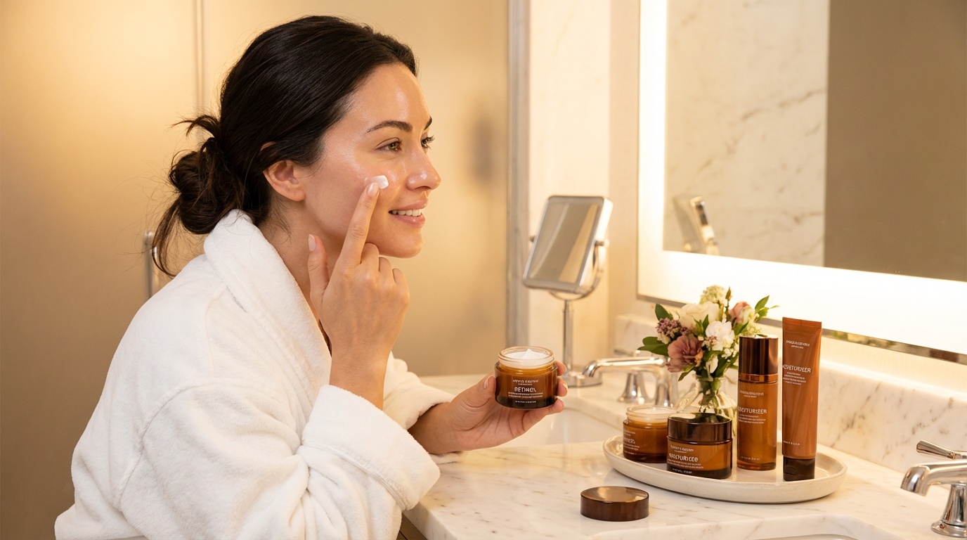 Woman applying a small amount of retinol in a softly lit bathroom