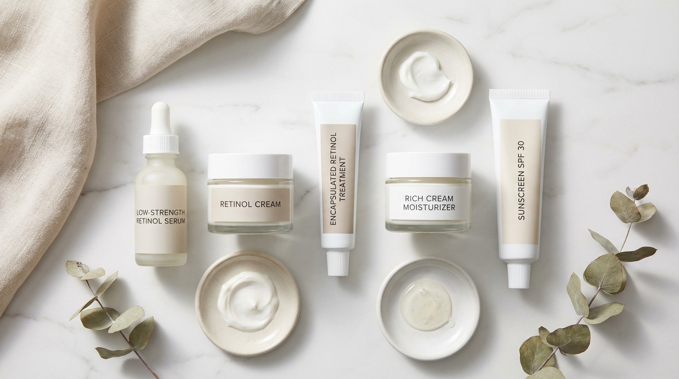 Flatlay of beginner retinol products with moisturizer and sunscreen