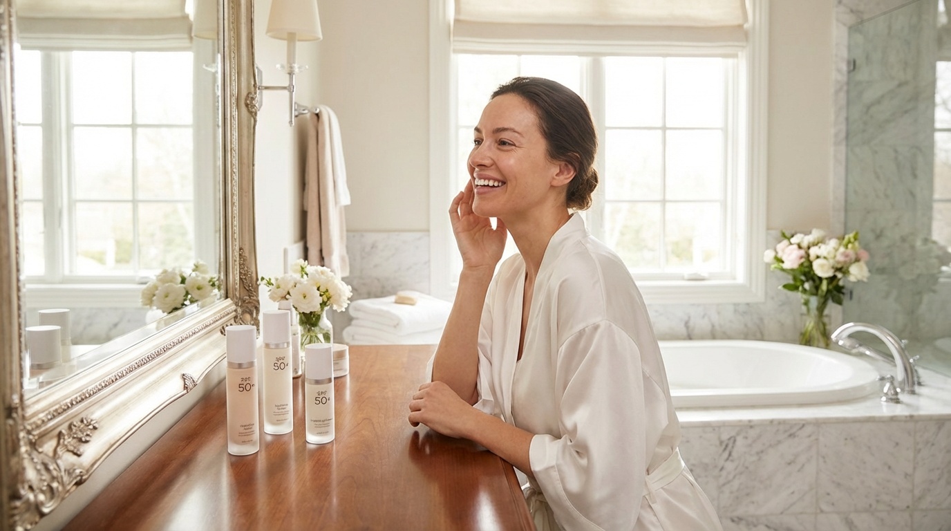 Woman with glowing skin looking in a mirror beside skincare products