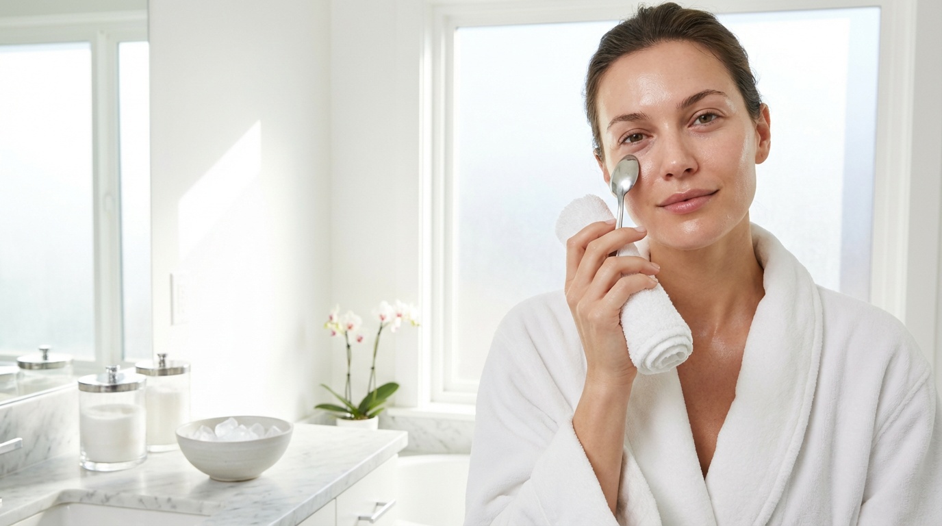 Beautiful woman with glowing skin depuffing her under-eye area with a chilled spoon in a bright bathroom