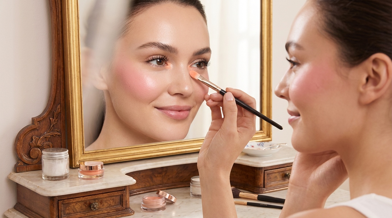 Beautiful woman applying under-eye corrector and concealer for a brighter, more awake look