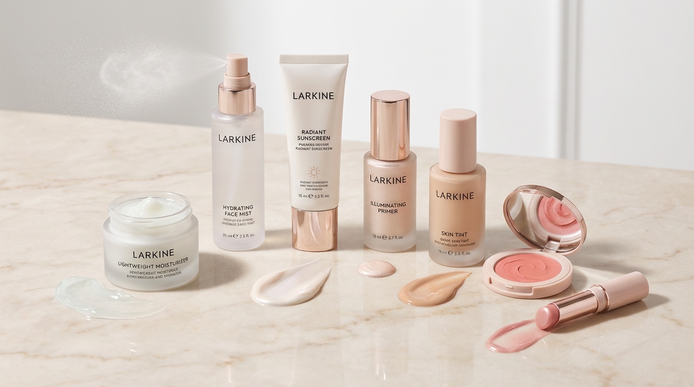 Flatlay of hydrating skincare and lightweight makeup products for brightening tired skin