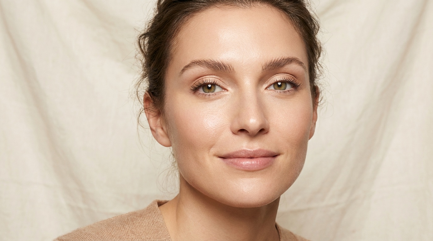 Close-up of a woman with bright eyes, lifted lashes, and glowing skin for an awake makeup look