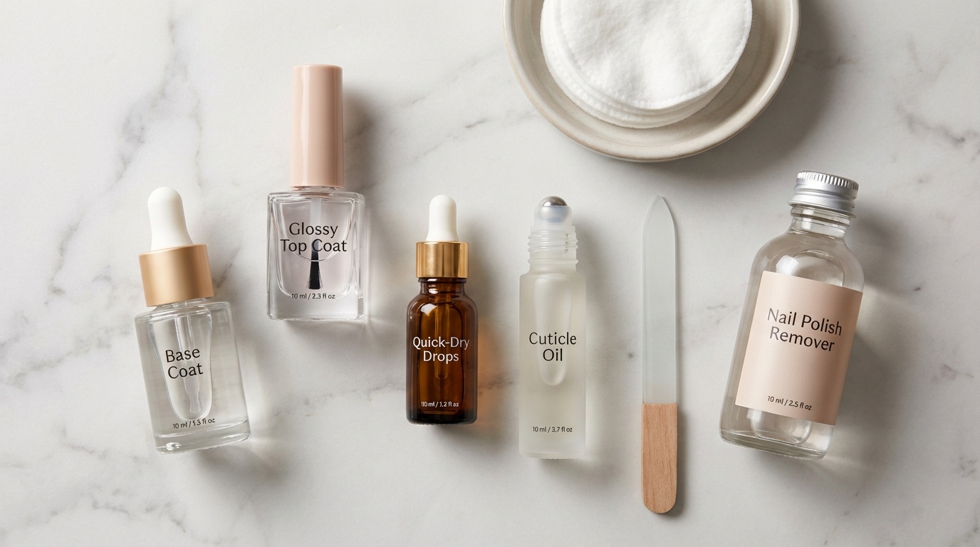 Flatlay of base coat, top coat, quick-dry drops, cuticle oil, and manicure tools