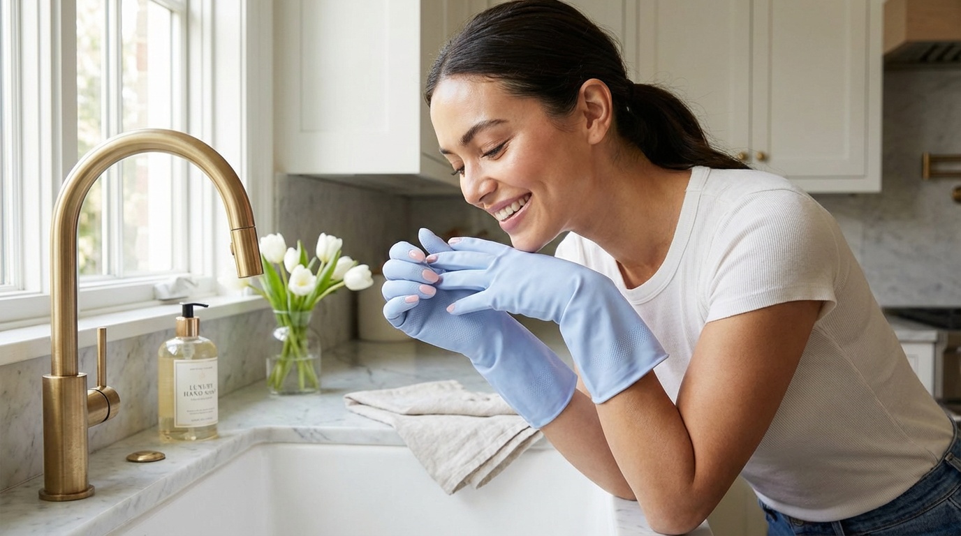 Beautiful woman with glowing skin protecting her manicure with gloves and admiring her nails