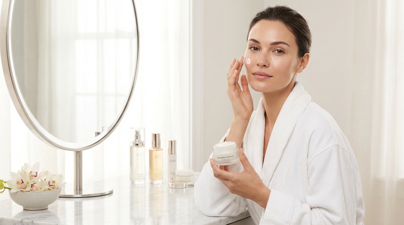 Beautiful woman with glowing skin applying moisturizer in a bright bathroom