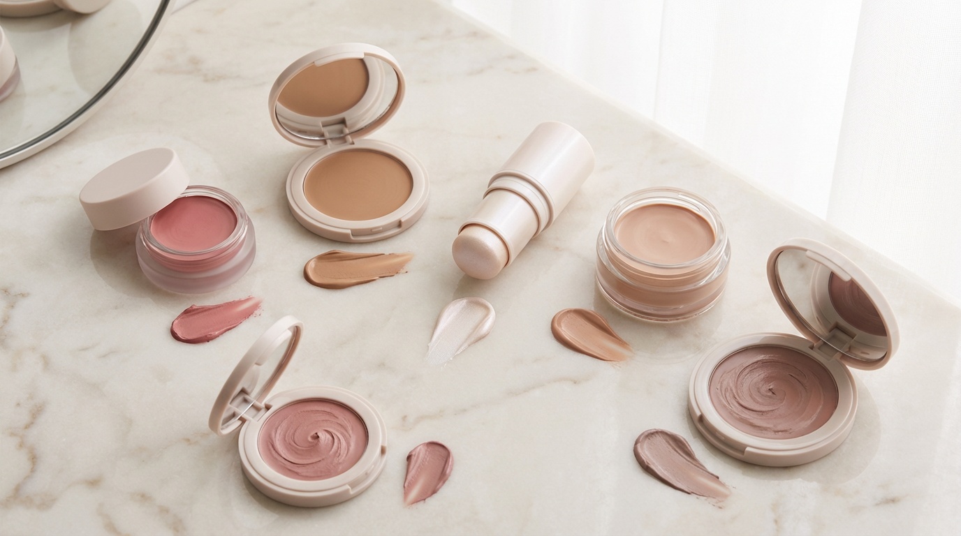 Flatlay of cream blush, bronzer, highlighter, and tinted skin balm with swatches