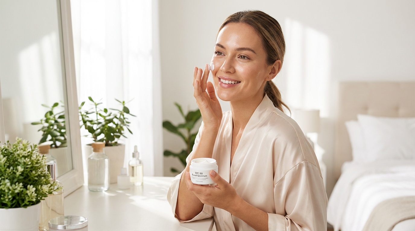 Beautiful woman applying sunscreen in soft morning light