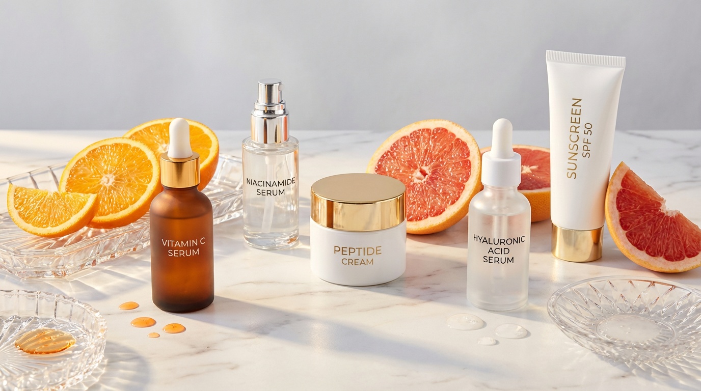 Flatlay of vitamin C serum and other anti-aging skincare products