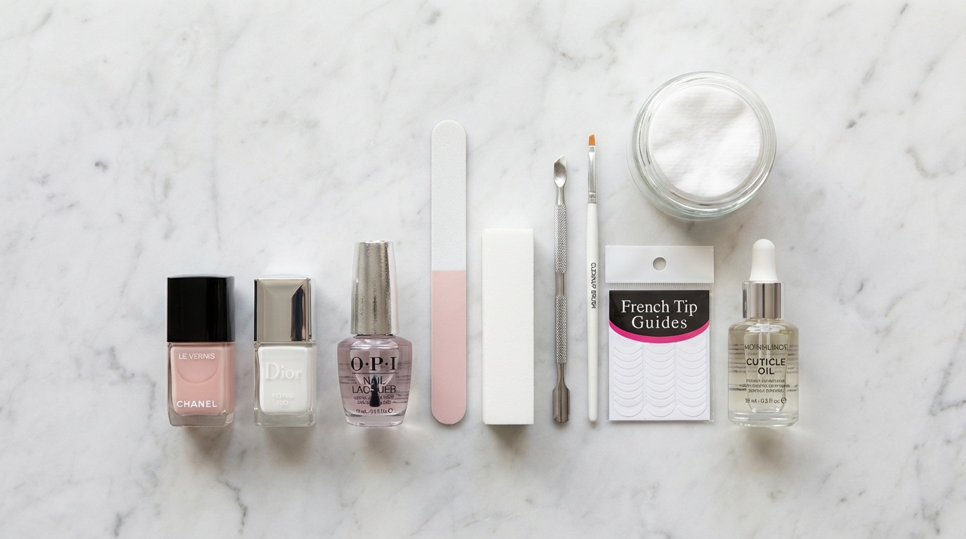 Flatlay of french manicure tools and polishes on a marble surface