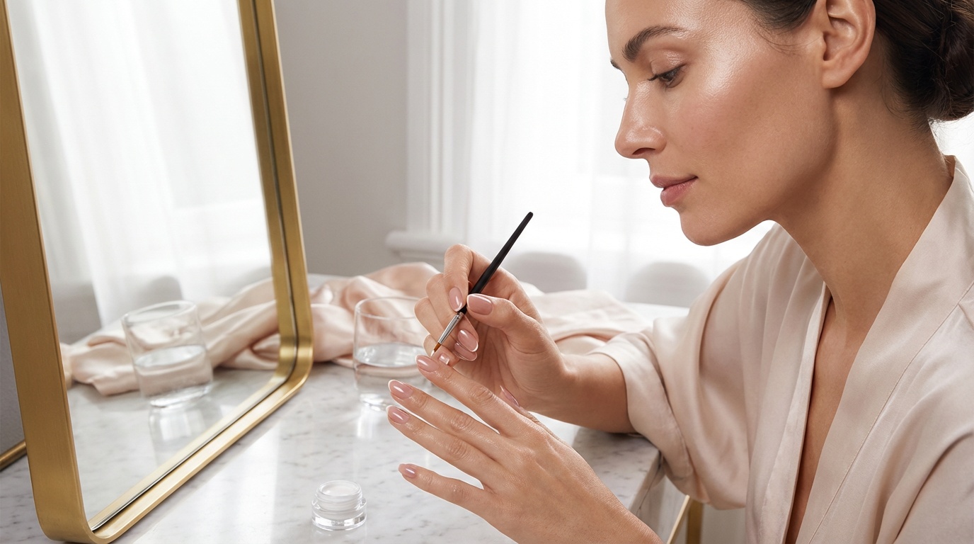 Beautiful woman applying white french tips to her nails at home