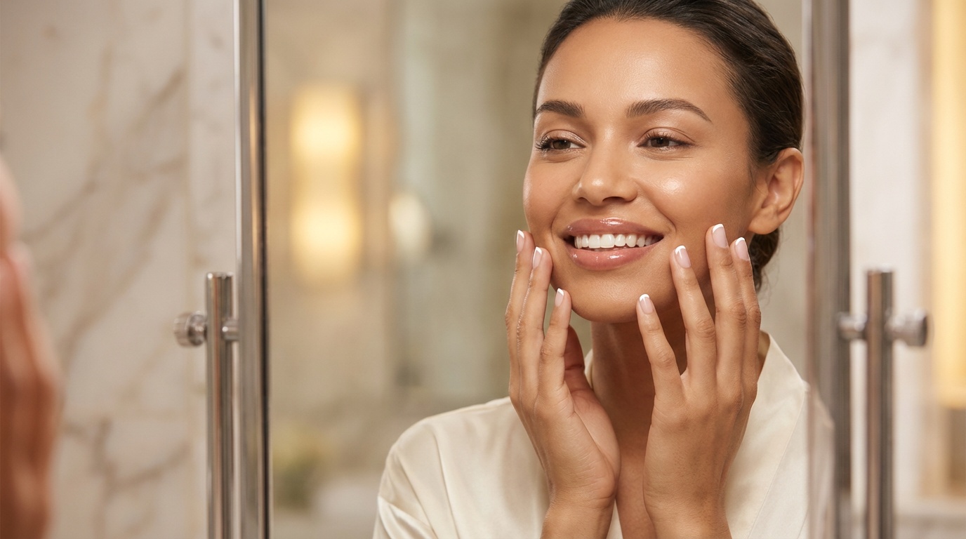 Beautiful woman showing off a short french manicure near her face