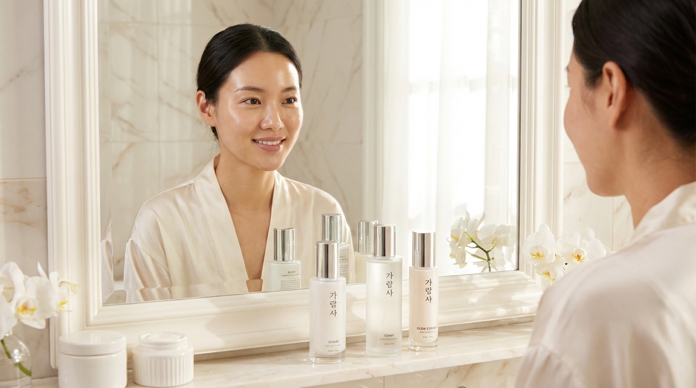 Beautiful woman with glowing skin at a vanity looking at her reflection in soft morning light