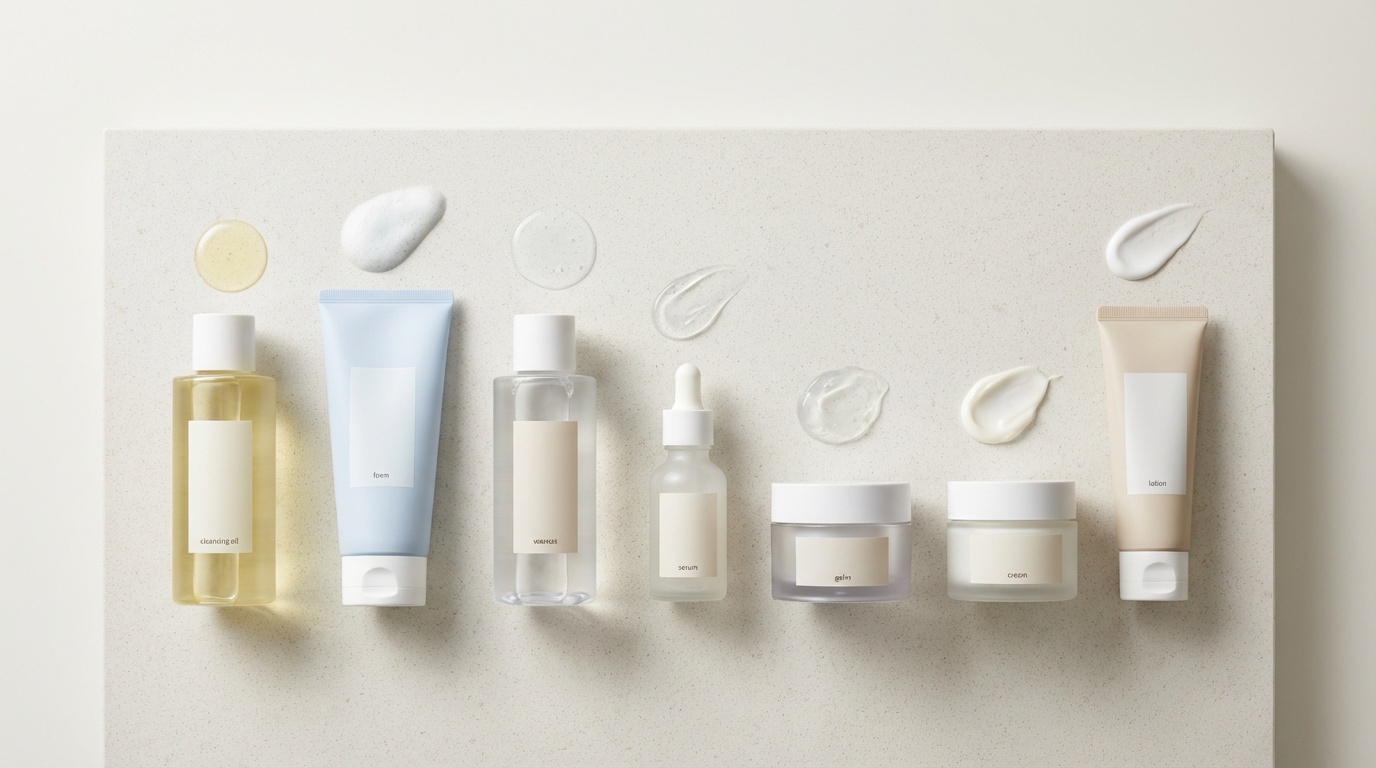 Flatlay of beginner Korean skincare products arranged in routine order with texture swatches