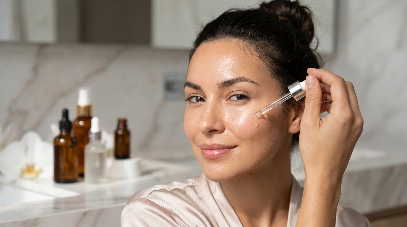 Beautiful woman applying facial serum in a softly lit bathroom