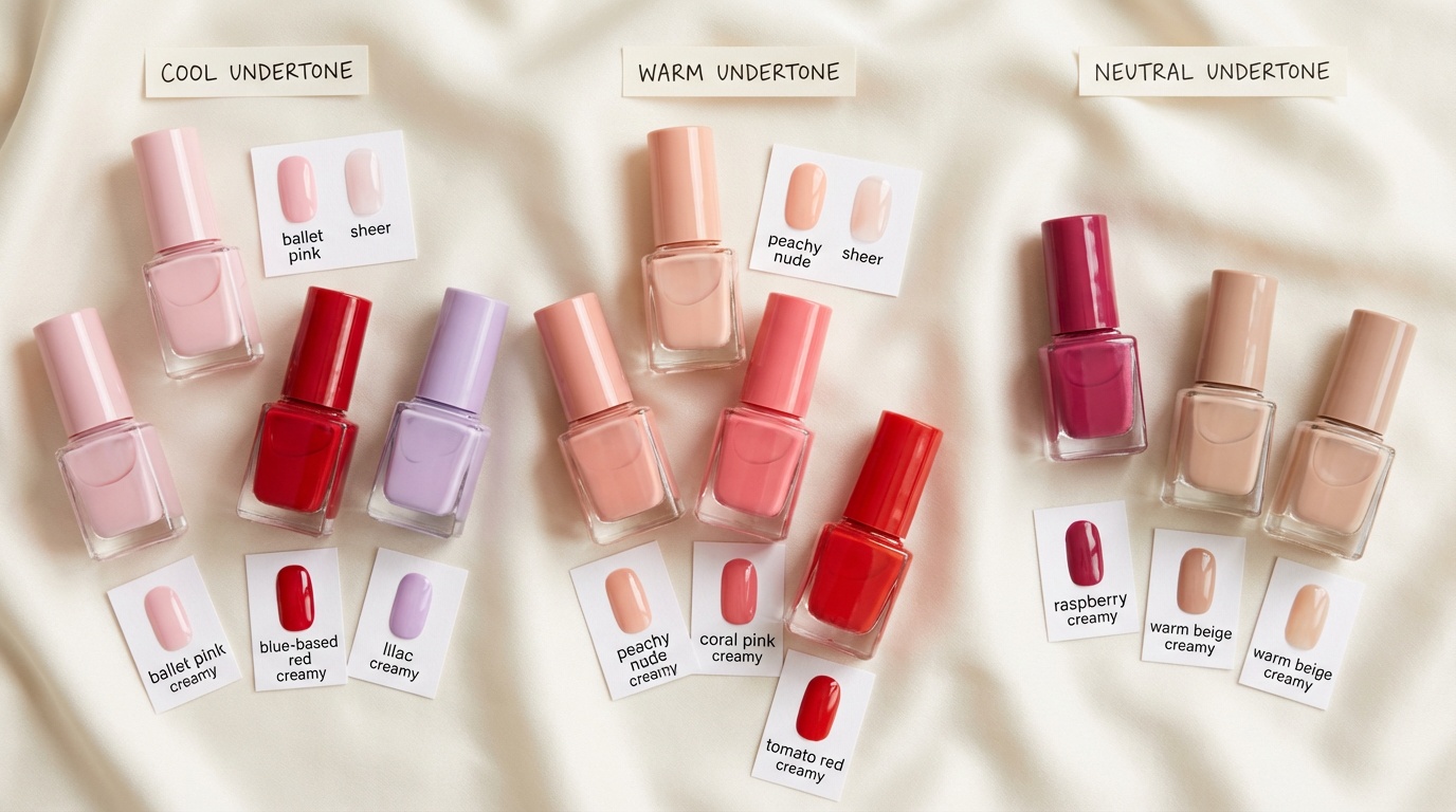Flatlay of nail polish shades for fair skin including pinks, reds, lilac, and nude tones