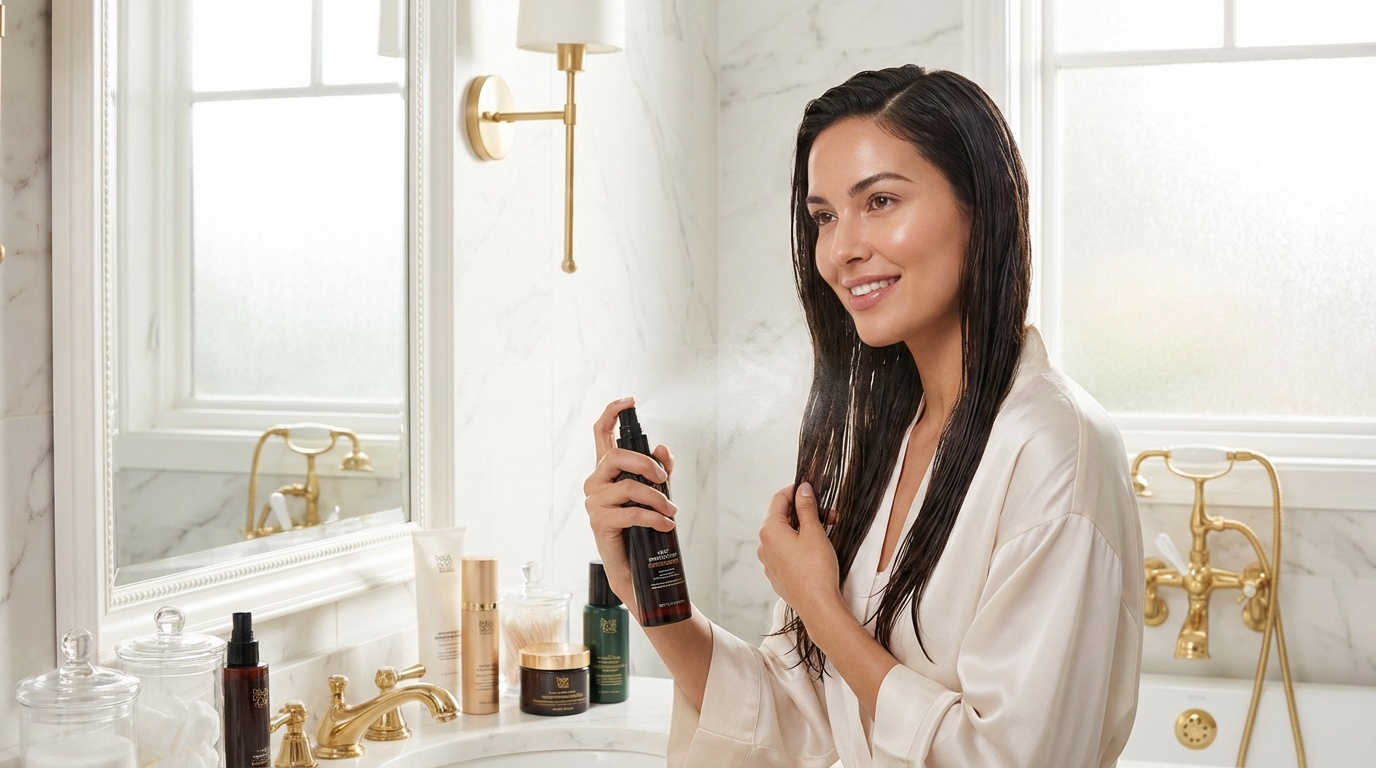 Beautiful woman applying heat protectant spray to sectioned damp hair at a vanity