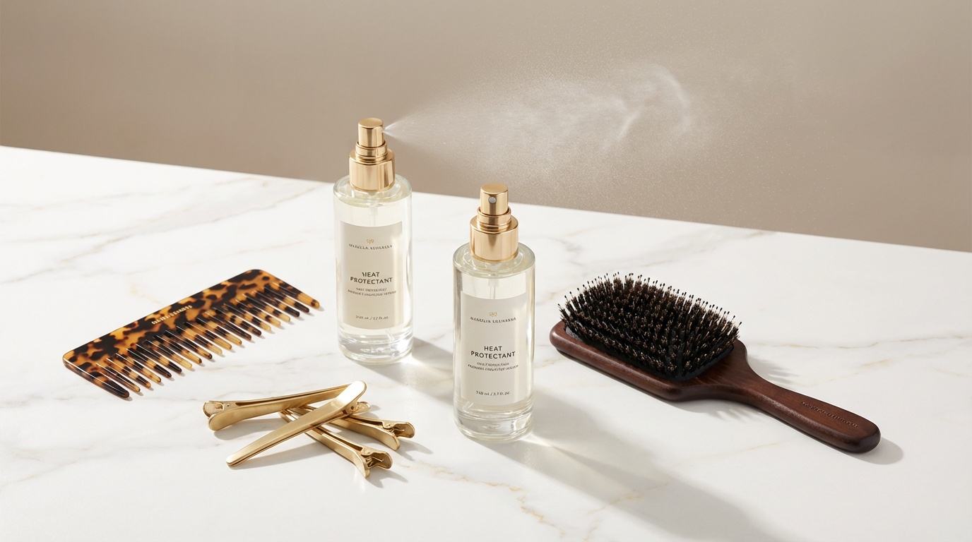 Flatlay of heat protectant sprays with comb, clips, and styling tools on marble