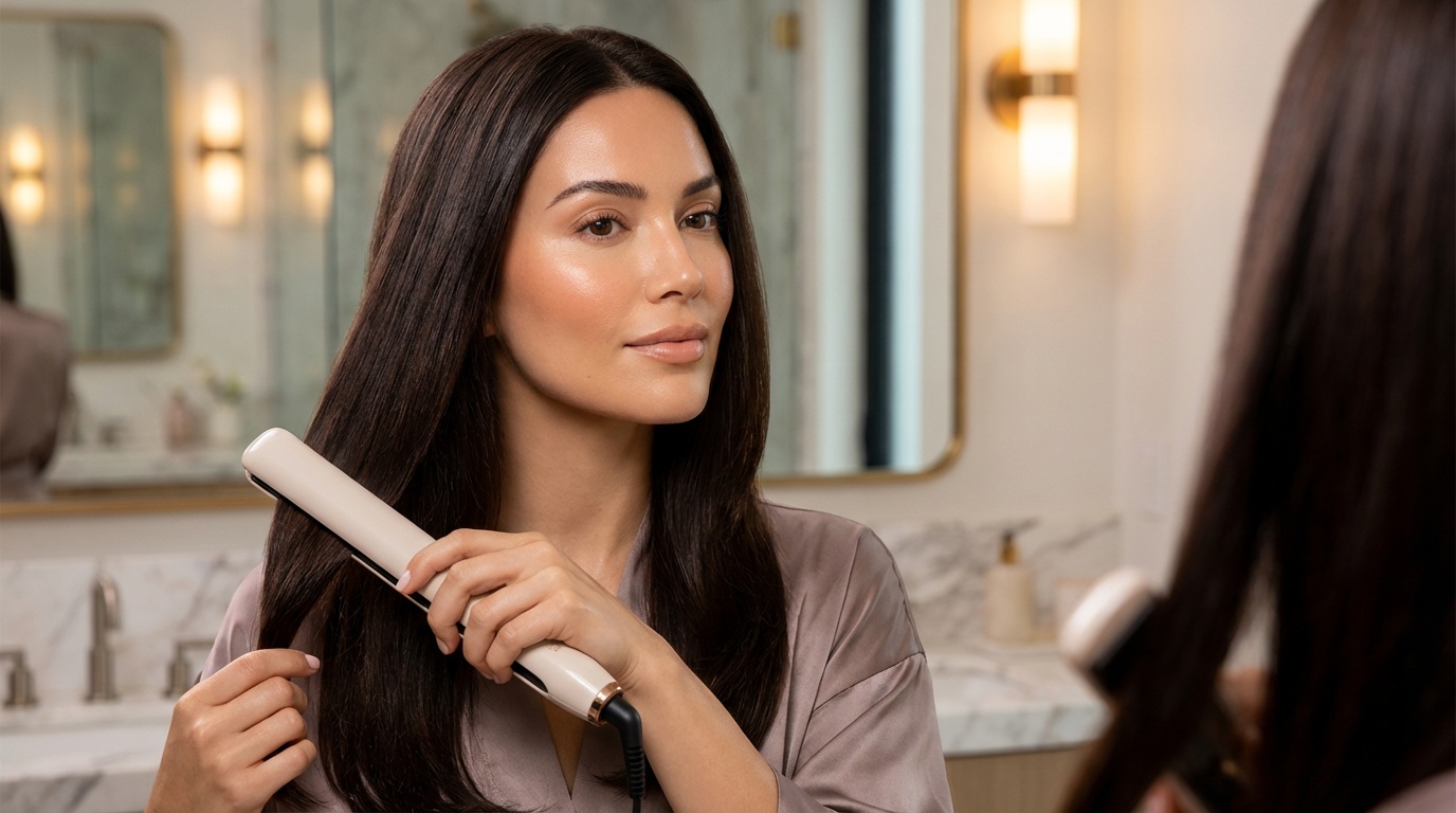 Beautiful woman straightening her hair carefully in a softly lit bathroom mirror