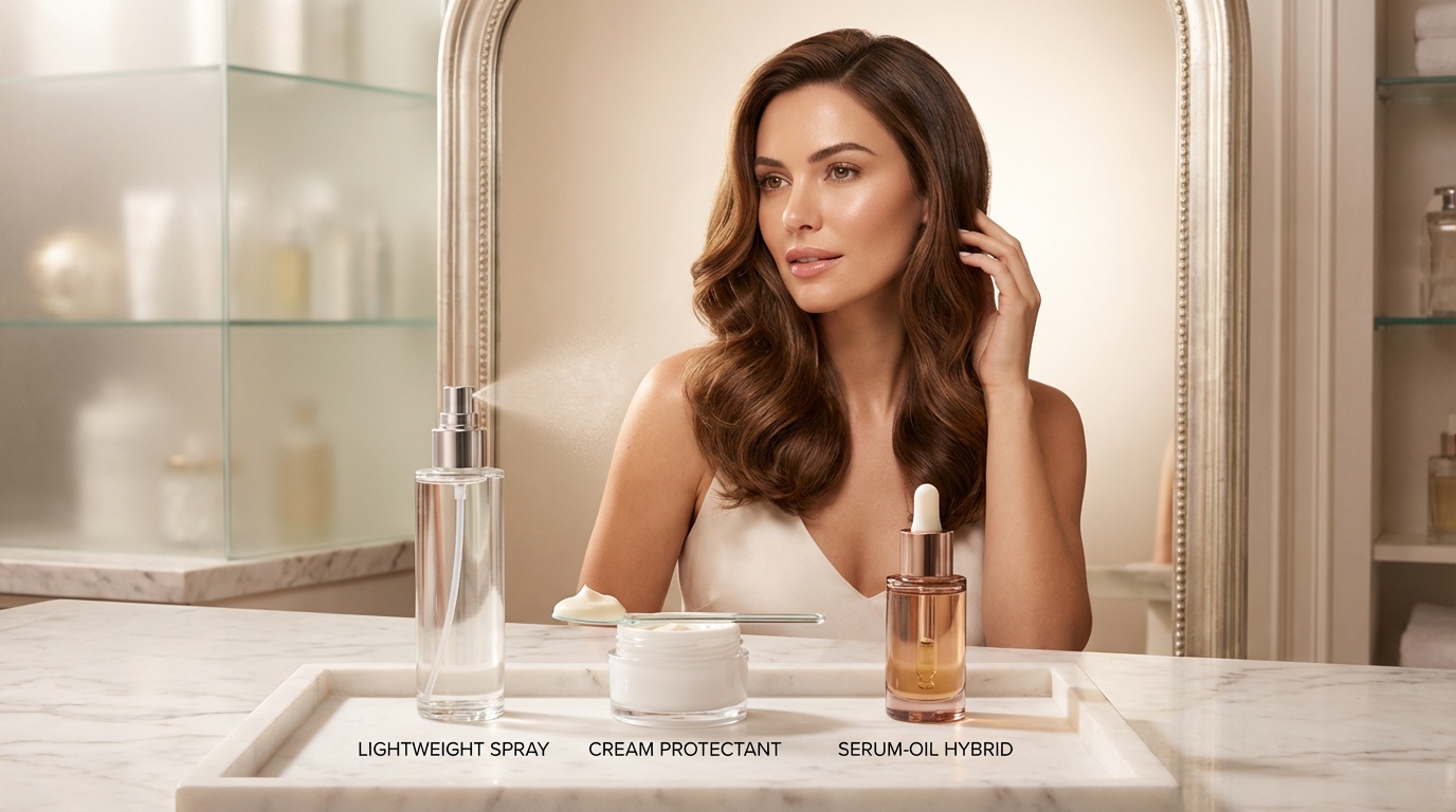 Heat protectant spray, cream, and serum displayed with a woman admiring her styled hair
