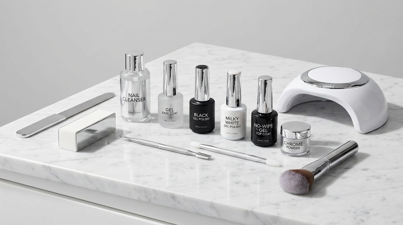 Flatlay of chrome nail tools and products including gel polish, chrome powder, applicator, and UV lamp