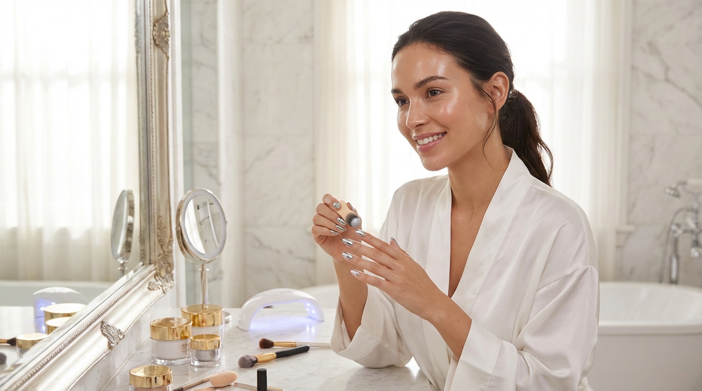 Beautiful woman with glowing skin applying chrome powder to her nails at a vanity
