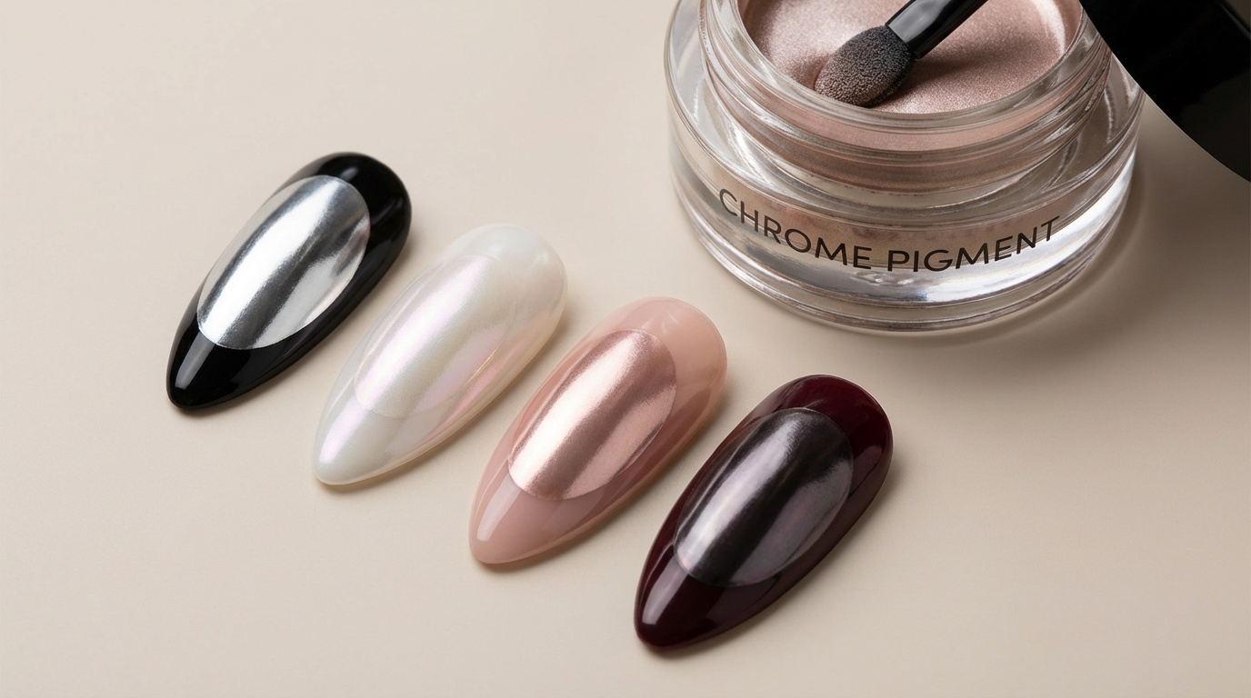 Chrome nail swatches over black, milky white, nude pink, and burgundy base colors