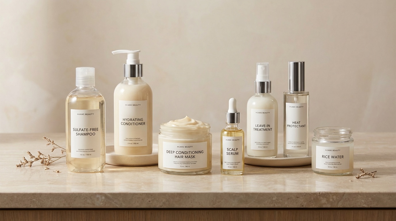 Hair care products paired with rice water, including shampoo, conditioner, mask, and scalp serum