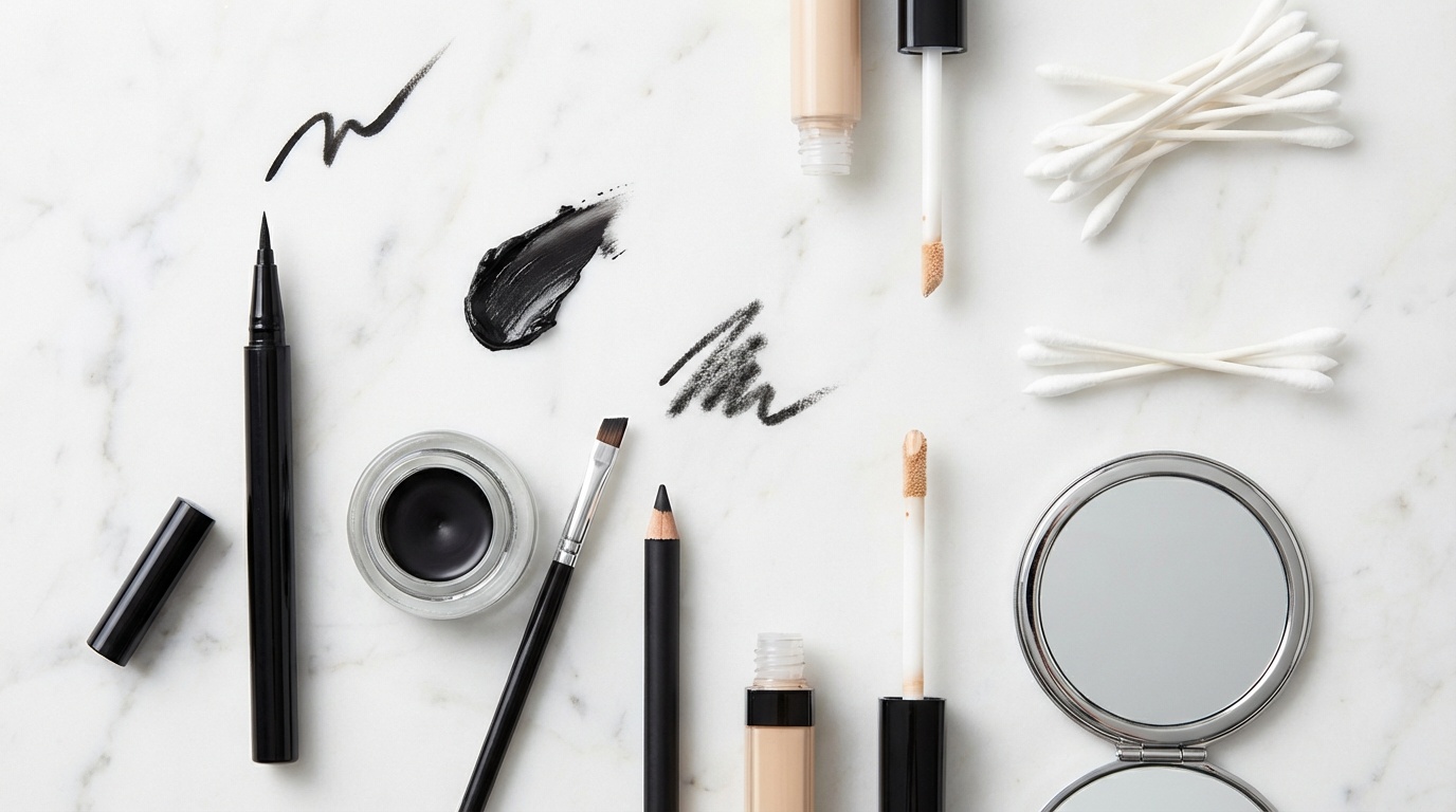 Flatlay of winged eyeliner products including liquid liner, gel liner, pencil, primer, concealer, and tools.