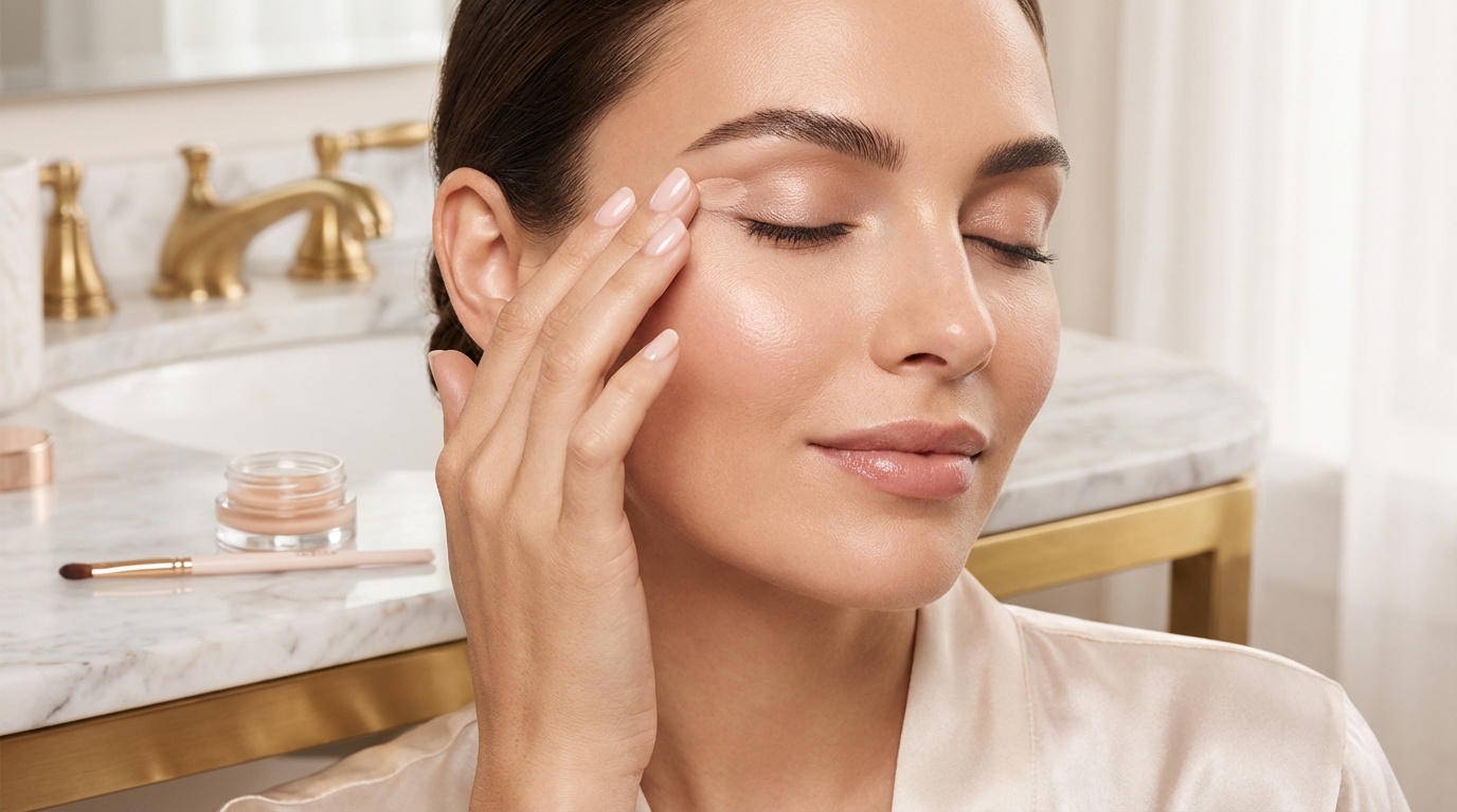 Beautiful woman with glowing skin applying eye primer at a vanity before eyeliner.