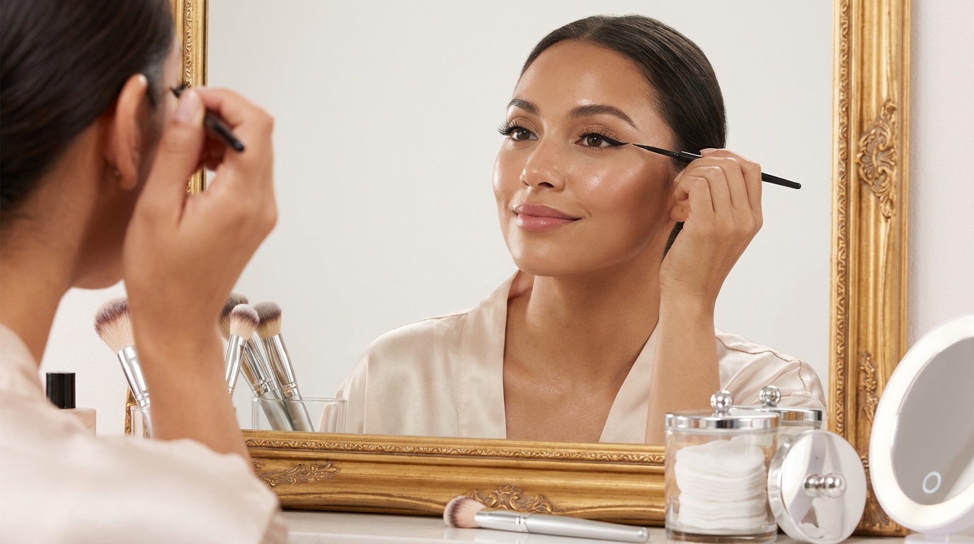 Beautiful woman applying winged eyeliner while looking into a mirror.