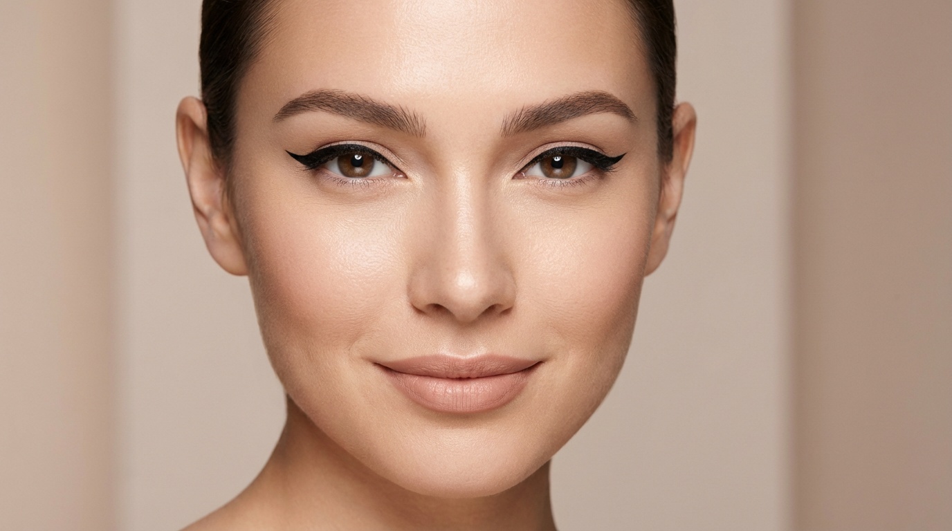 Close-up of a woman with glowing skin and sharp winged eyeliner.