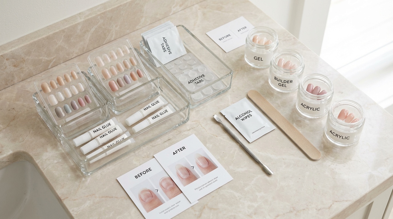 Flatlay of press-on nail tools and salon nail options with manicure products