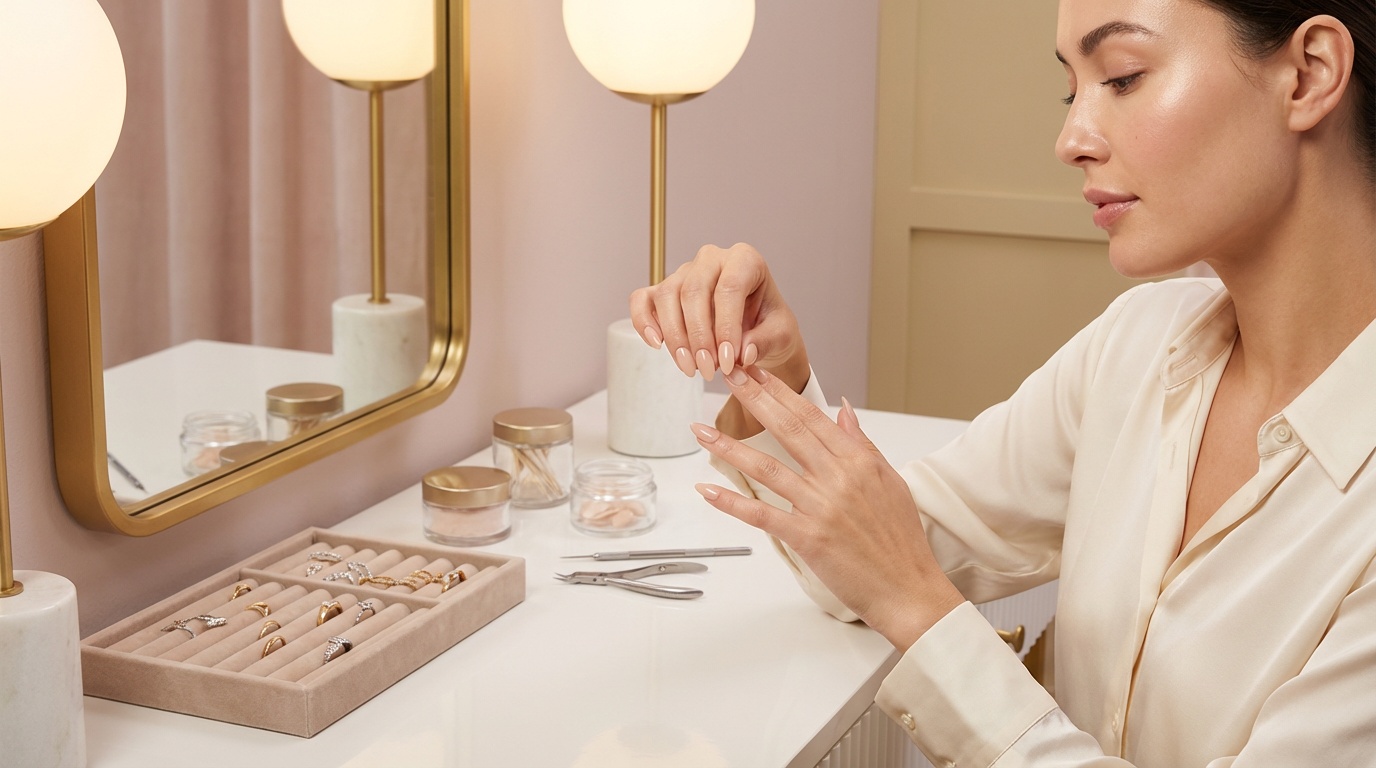 Beautiful woman applying neutral press-on nails for a salon-like look