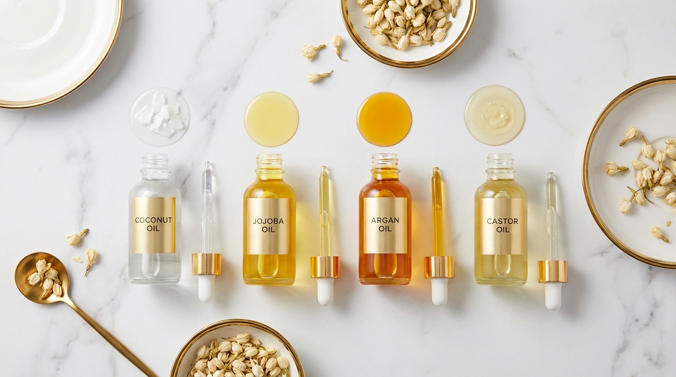 Flatlay of coconut, jojoba, argan, and castor hair oils with droppers and texture swatches