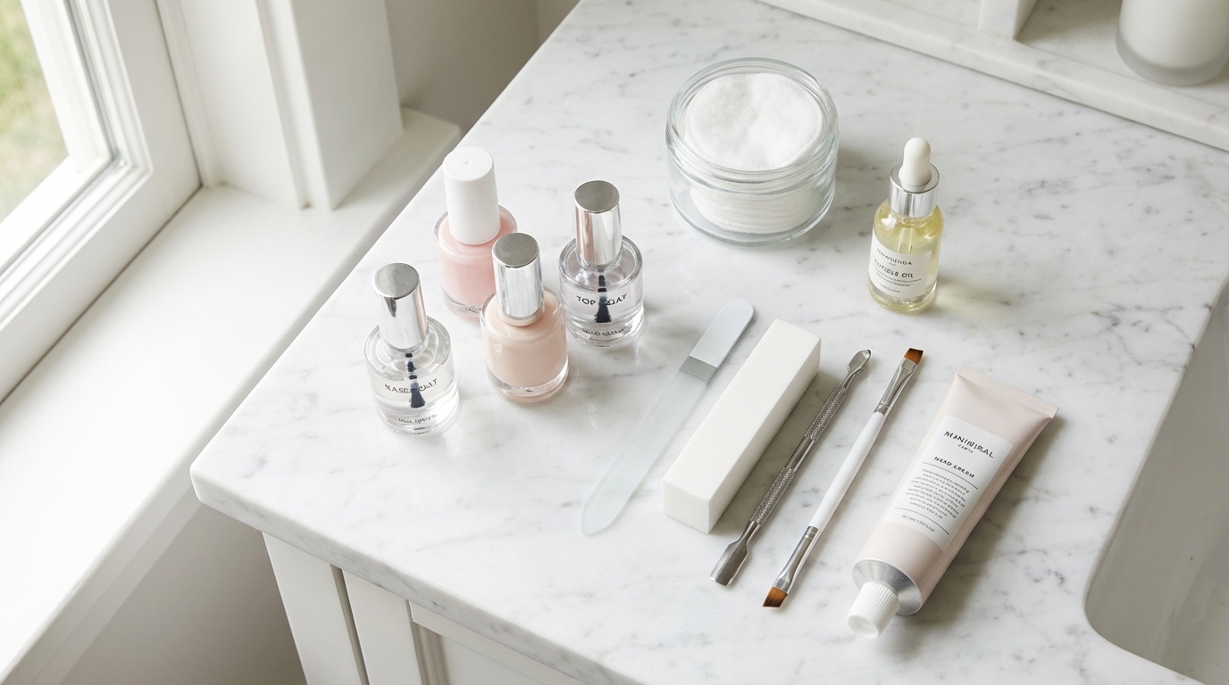 Flatlay of French manicure tools and polishes on a marble vanity