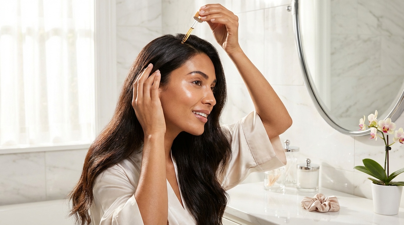Beautiful woman applying scalp serum and massaging her scalp in a bright bathroom