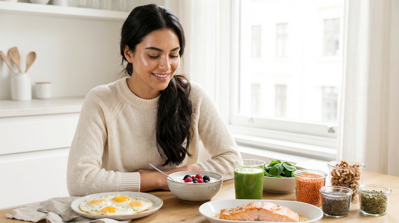 Beautiful woman with glowing skin seated by a table of hair-healthy foods