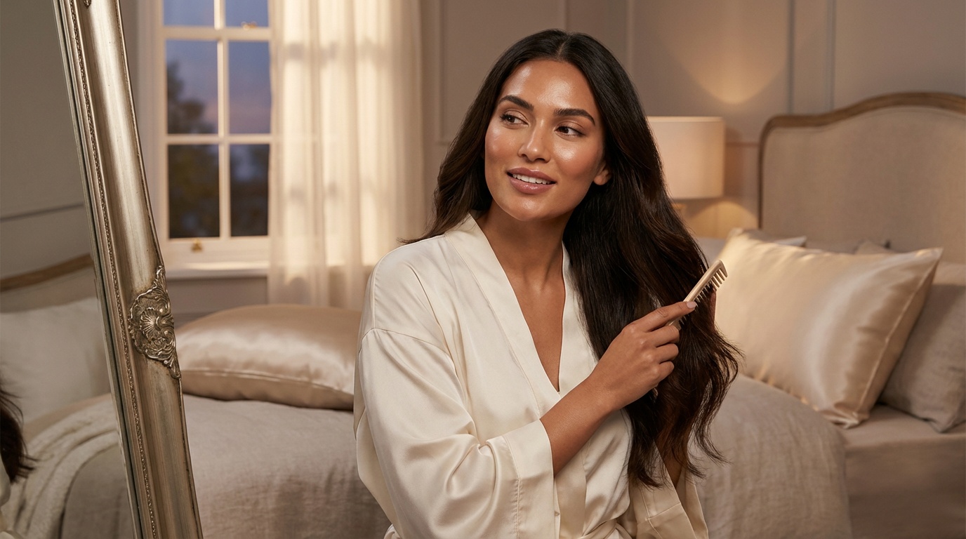 Beautiful woman gently detangling long hair near a mirror with a silk pillowcase nearby