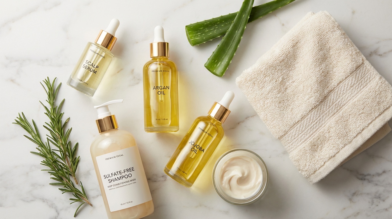 Flatlay of scalp serum, hair oil, sulfate-free shampoo, and deep conditioning mask