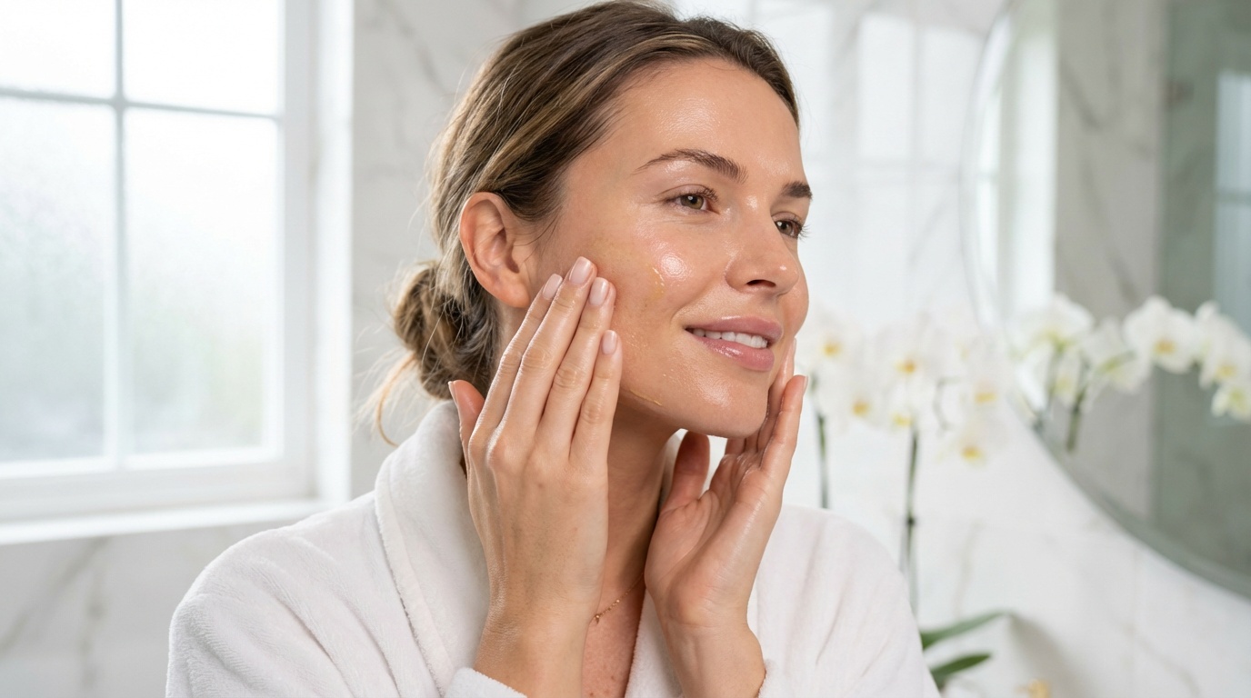 Beautiful woman with glowing skin applying an oil cleanser in a bright bathroom