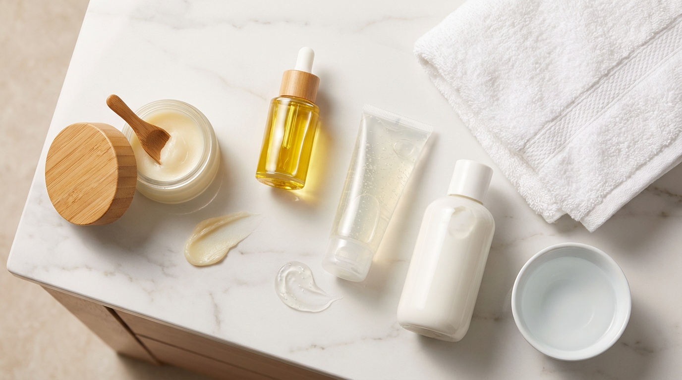 Luxury flatlay of cleansing balm, oil cleanser, gel cleanser, and cream cleanser on a marble surface