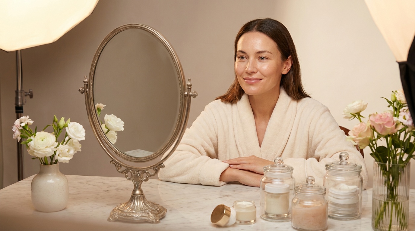Beautiful woman with clear glowing skin looking in a mirror after cleansing