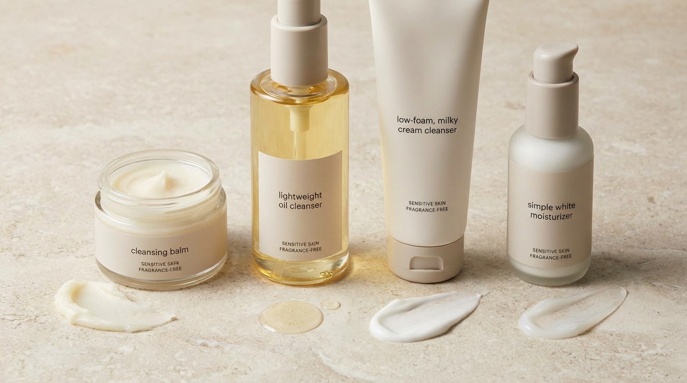 Gentle skincare products and texture swatches for a non-irritating double cleanse routine